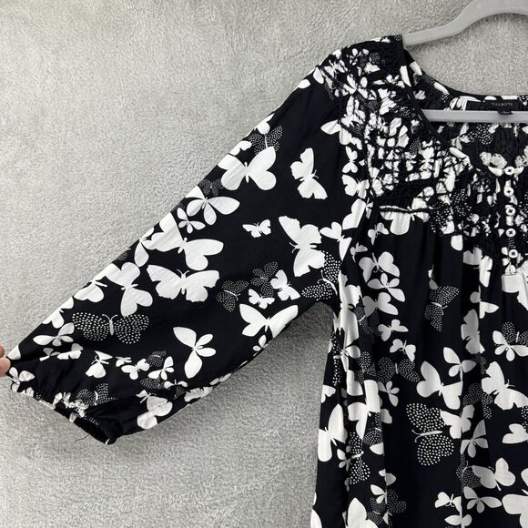 Talbots Top Womens L Black Butterfly Smocked Scoop Neck 3/4 Sleeves Elastic Cuff - Picture 6 of 15